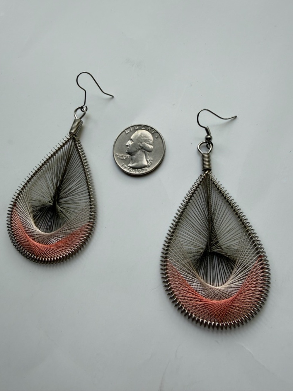 Handcrafted Teardrop Thread Earrings in Silver and Coral